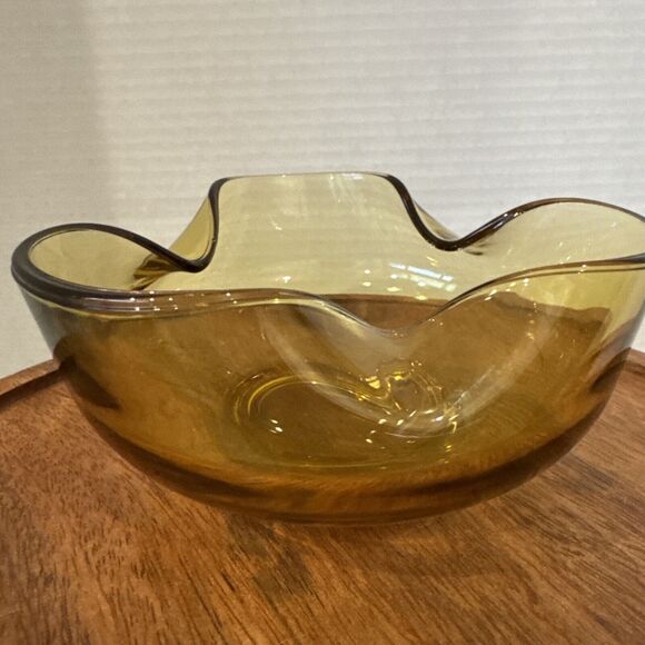 Vintage Amber Glass Folded Edge Dip Bowl MCM Midcentury Modern - Picture 8 of 9